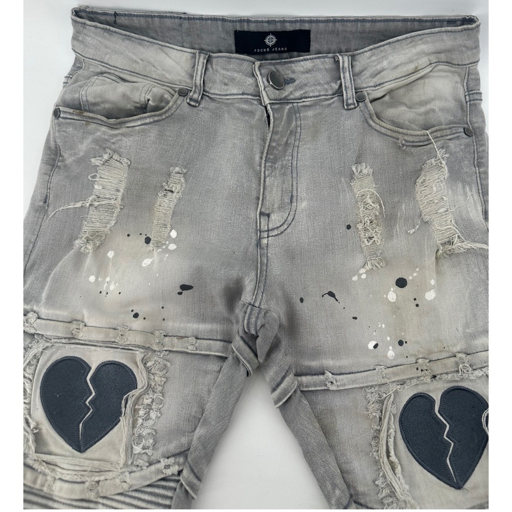 Focus Jeans Men 32x32 Gray Distresed Biker Moto Paint Splatter Broken Heart Slim